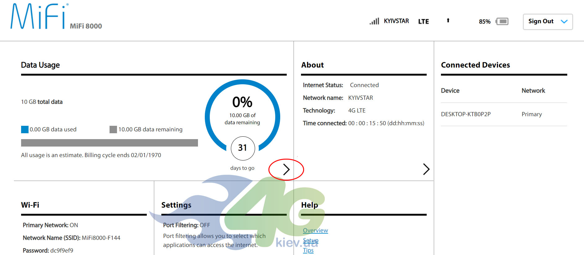 Домашняя страница Web-интерфейса настроек MiFi 8000 Домашняя страница Web-интерфейса настроек MiFi 8000