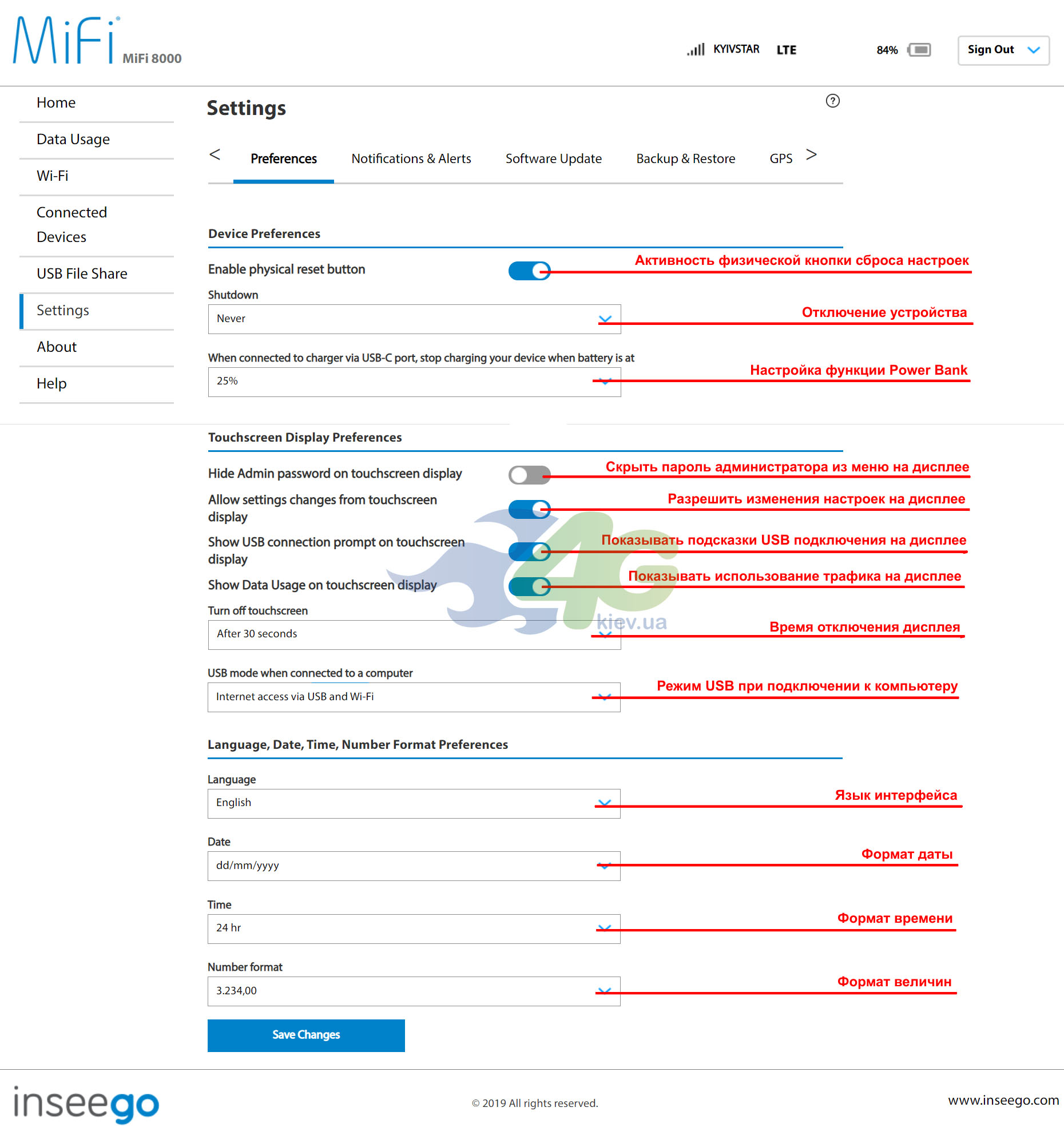 Раздел Preferences в MiFi 8000 Раздел Preferences в MiFi 8000